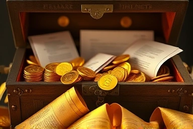 Financial treasure chest with coins and documents