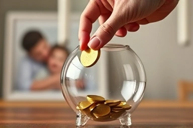 Hand depositing coin into piggy bank, symbolizing savings security.