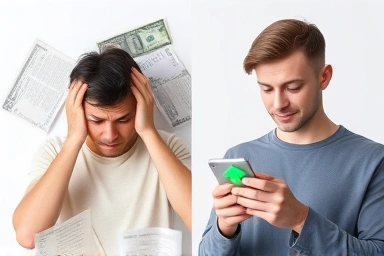 Contrast of financial stress vs. calm solution via mobile banking.