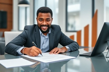 Self-employed business owner signing loan document, business growth concept.