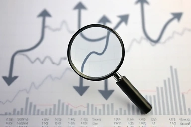 Stock market graph with magnifying glass, symbolizing short-selling analysis.