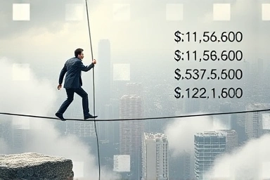 Tightrope walker balancing over turbulent stock market, symbolizing short-selling.