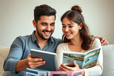 Couple planning travel with savings plan