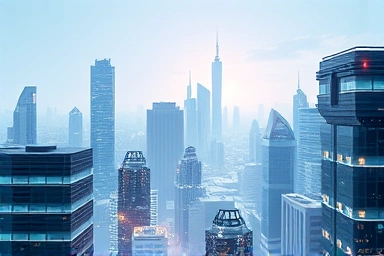 Futuristic AI cityscape with integrated semiconductor circuits.