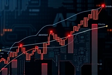 Abstract growing stock chart made of silicon wafers and chips.