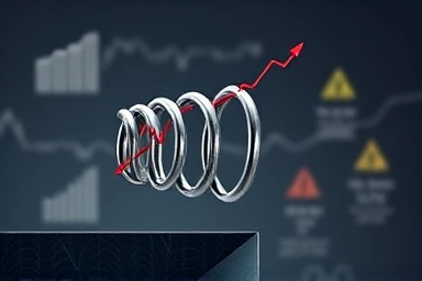 Financial leverage and liquidation risk symbolized by a coiled stock chart spring.