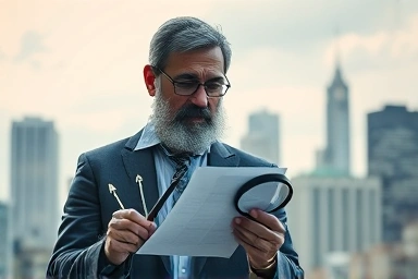 Investor using compass and magnifying glass on financial chart.