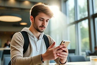 University student using banking app for savings growth.