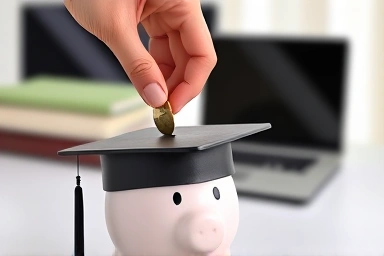 Saving money for future goals with a graduation cap piggy bank.