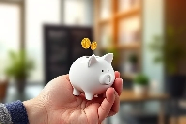 Hand holding piggy bank with digital money flow, financial strategy concept