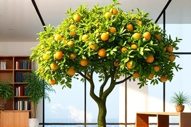 Thriving tree of wealth in a financial office, symbolizing growth.