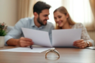 Couple planning wedding finances with a wedding ring.