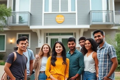 Hopeful young people in front of apartment building