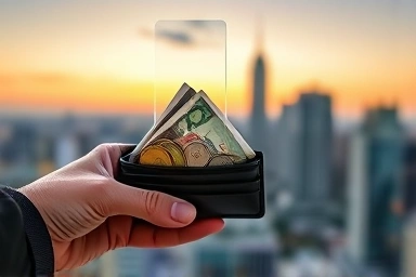 Wallet protected from spilling money by a transparent barrier.