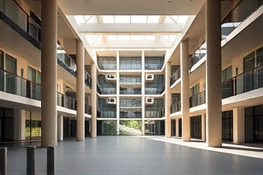 Modern piloti apartment building with open ground floor.