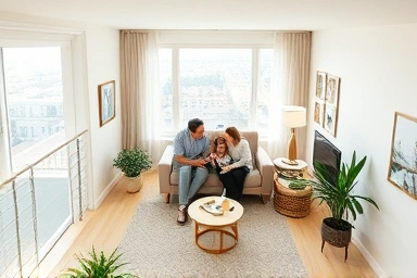 Bright, airy second-floor apartment living room with elevated view.