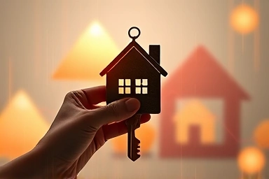 Symbolic image of aspiration and achievement in housing, with a key and abstract glowing shapes.