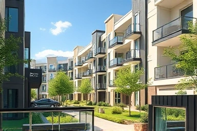 Modern apartment complex with residents enjoying a luxurious lifestyle.