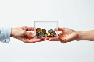 Hands exchanging a box of coins, symbolizing deposit transfer.