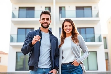 Couple celebrating new apartment ownership with keys