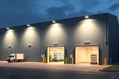 Modern cold storage warehouse with abstract profit growth elements.