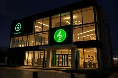 Modern commercial building with green energy symbol
