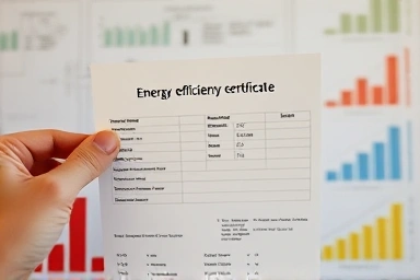 Close-up of energy certificate document with blueprints