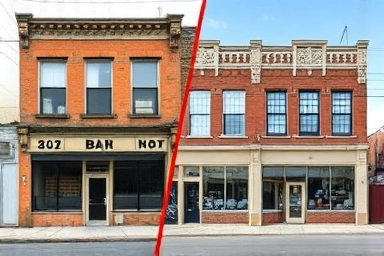 Before and after of a commercial building renovation, highlighting functional improvements