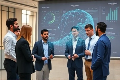 Professionals analyzing holographic commercial real estate data