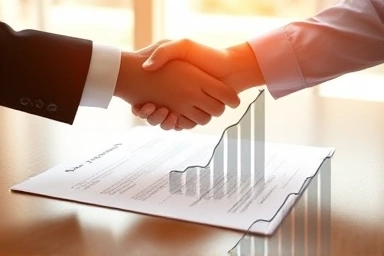 Business handshake with profit growth symbols.