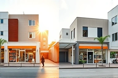 Split image comparing accessible retail unit vs standalone small building for investment.