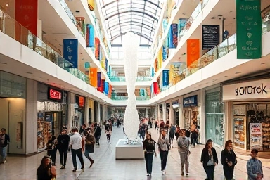 Vibrant indoor shopping mall with diverse stores and happy shoppers.