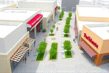 Modern street mall layout with unique storefronts and clear pathways.