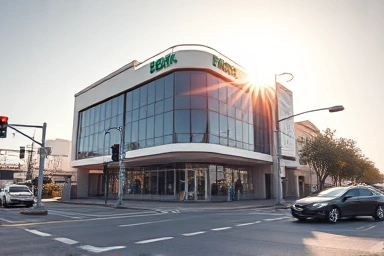 Visible corner commercial building at a sunny intersection.