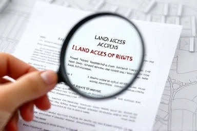 Close-up of legal document/blueprint with magnifying glass on land access.