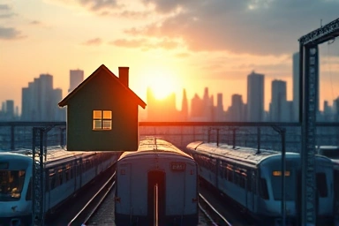 Key unlocking house and cityscape with train station.