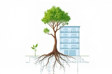Seedling growing into tree intertwined with apartment blueprint.