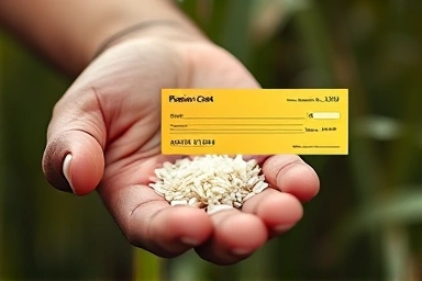 Hand holding rice grain with pension check overlay.