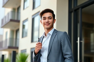 Young professional holding apartment key, starting independent life.