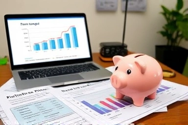 Financial planning for rental, documents, laptop, piggy bank.