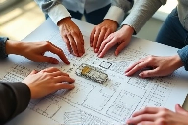 Hands collaborating on architectural plans for urban renewal.