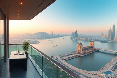 Luxurious Han River view apartment balcony, city skyline, prestige, tranquility