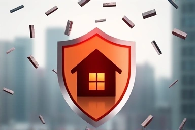 Shield protecting house icon from falling debris, symbolizing security.