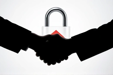 Symbolic handshake, real estate risk, security, scam warning.
