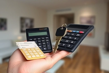 Real estate keys and calculator, symbolizing property transaction fees.