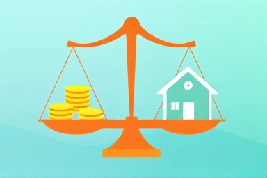 Financial balance scale with coins and house, representing smart real estate investments.
