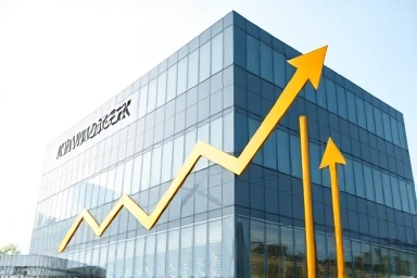 Modern office building with upward profit arrows symbolizing resale potential.