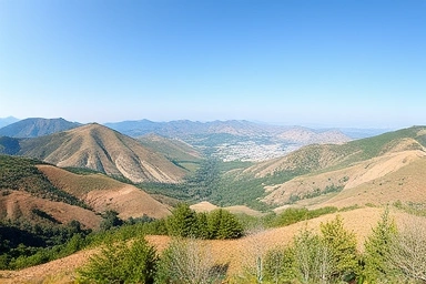 Korean landscape with hills and forest