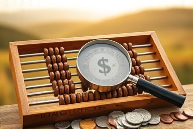 Abacus, coins, magnifying glass, land investment calculation, financial analysis