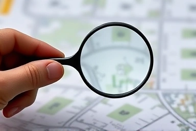 Magnifying glass examining land map for hidden value.